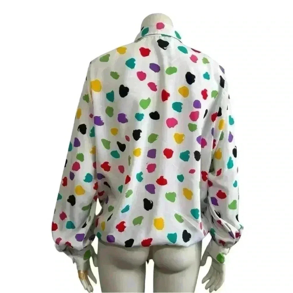 Vintage HELEN FABRIKANT NY Colorful Polka Dot Tie Front Blouse Button Up Small - Picture 9 of 11